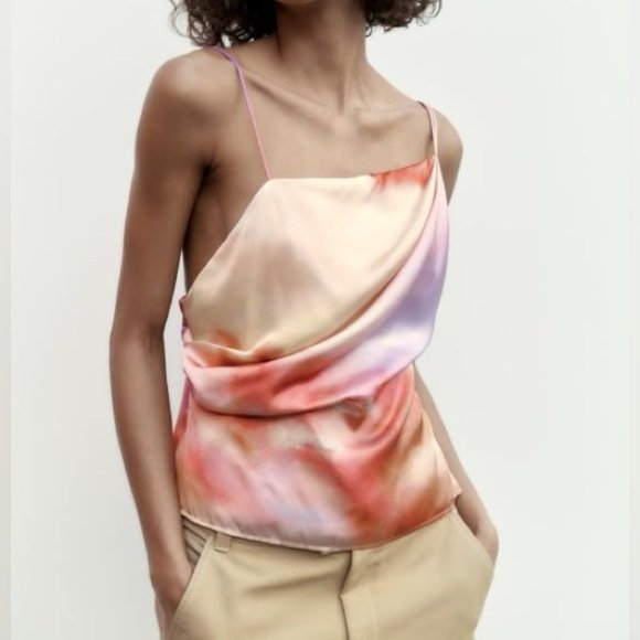 Zara Tops - Zara Satin Printed Asymmetrical Loose Fit Cami Top